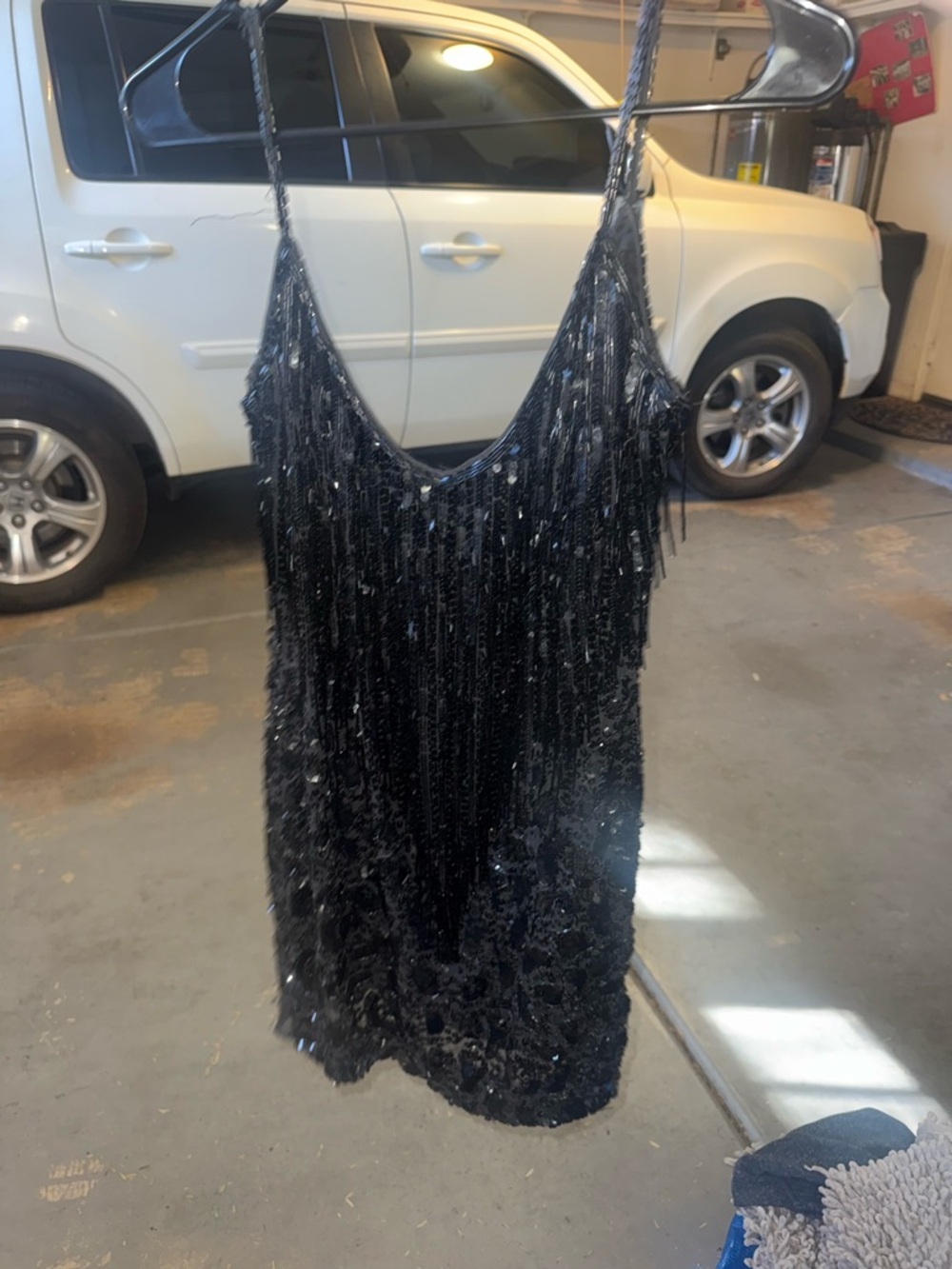 Cache Black Sequin Fringe Mini Dress with Beaded Straps